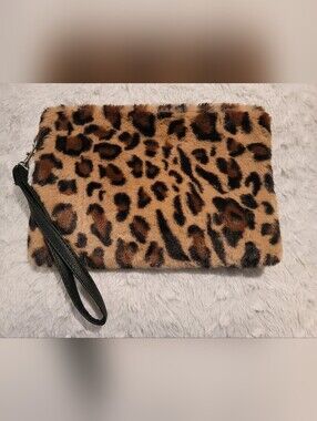 Large Leopard Print Faux Fur Wristlet Clutch, 10x7